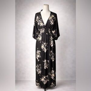 Lovestitch Black Floral Maxi Dress M/L Boho Kimono Sleeve Smocked Waist Rayon